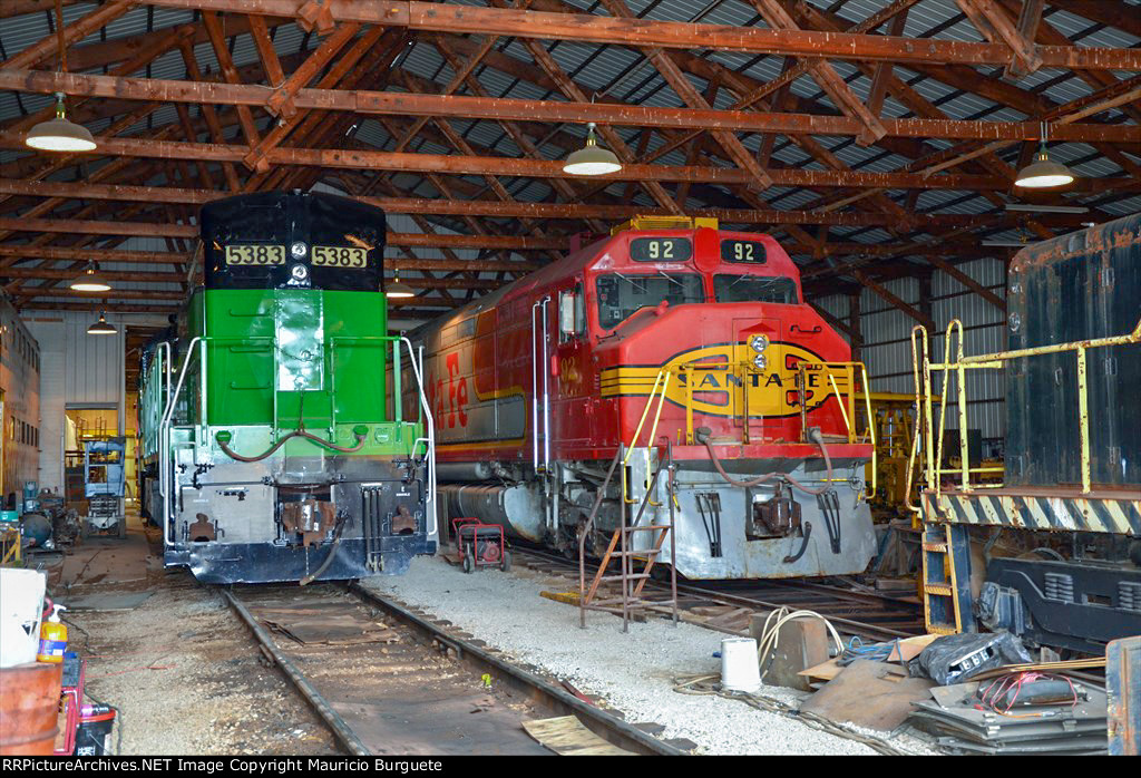 Diesel locomotives inside the barn